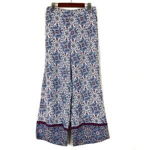 LOFT Linen Blend Brocade Blue White Purple Wide Leg Pants Womens XS